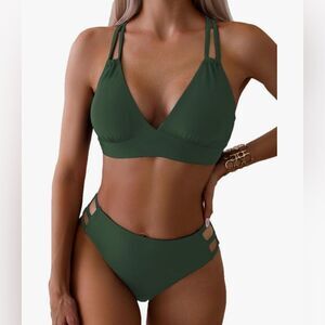 Tainehs Women's Push Up V Neck Bikini Sets Criss Cross Back Two Piece M